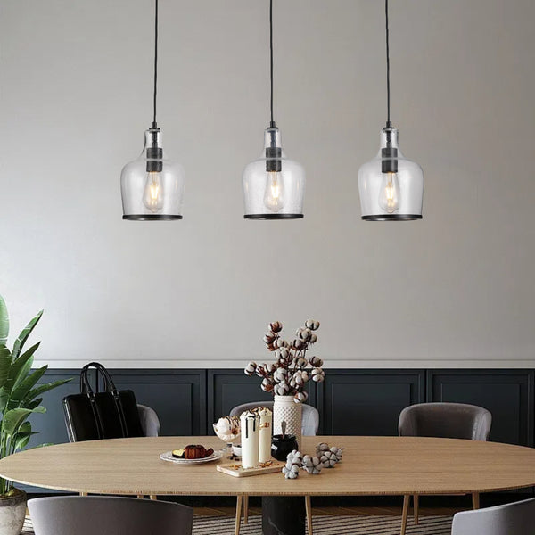 HARPER LIVING 3-Light Pendant Ceiling Light, Modern Matte Black Island Ceiling Light with Bubbles Glass Shades