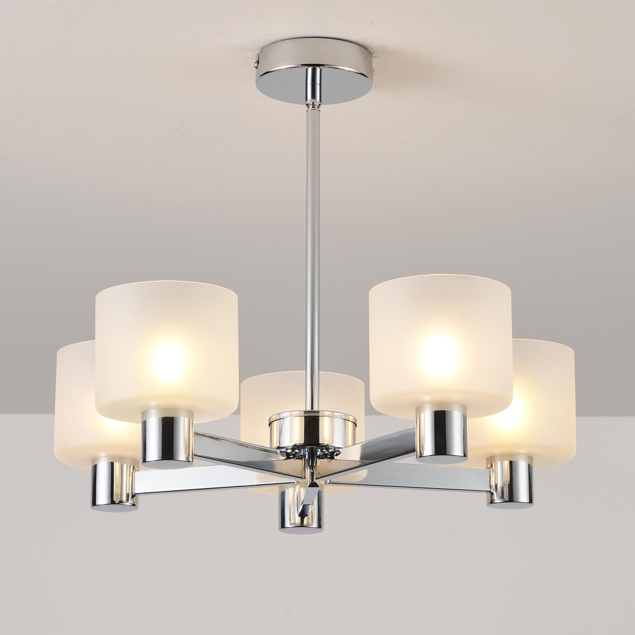 Modern 5 Lights Chandelier Ceiling Light, Chrome Semi Flush Ceiling Lamp with Sanded Glass Shades, 5xG9 Ceiling Lighting
