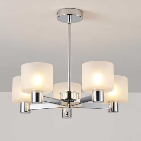 Modern 5 Lights Chandelier Ceiling Light, Chrome Semi Flush Ceiling Lamp with Sanded Glass Shades, 5xG9 Ceiling Lighting