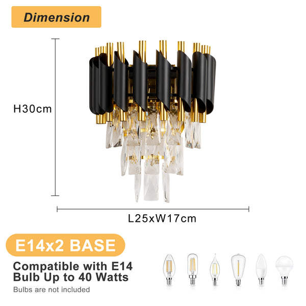 HARPER LIVING Crystal Wall Light, Modern Wall Lamp Indoor with 3 Tiers Crystals, Black & Gold Finish Crystal Wall Sconce