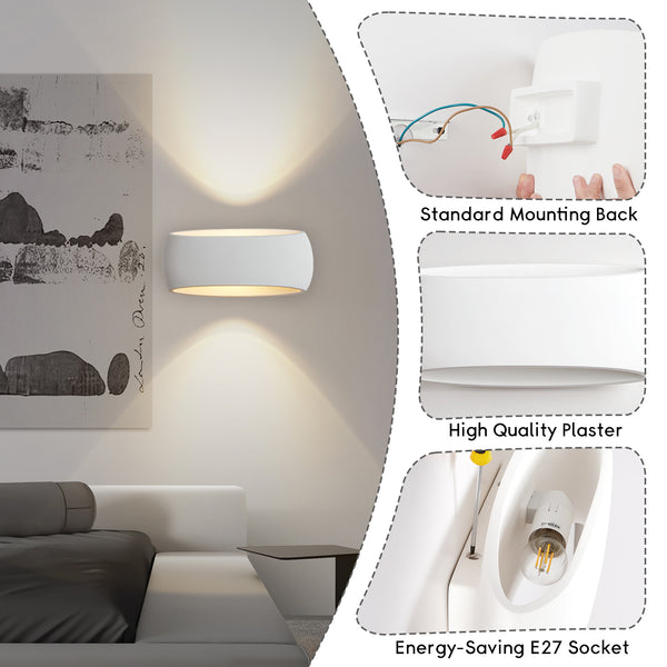 2X Large Wall Lights, Indoor Wall Sconce Lamp with White Oval Ceramic Shade, Wall Mounted Light for Bedroom, Living room, Hallway