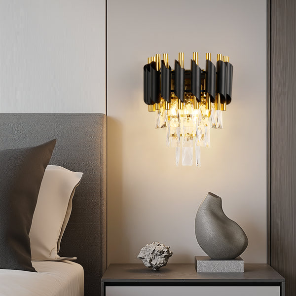 HARPER LIVING Crystal Wall Light, Modern Wall Lamp Indoor with 3 Tiers Crystals, Black & Gold Finish Crystal Wall Sconce