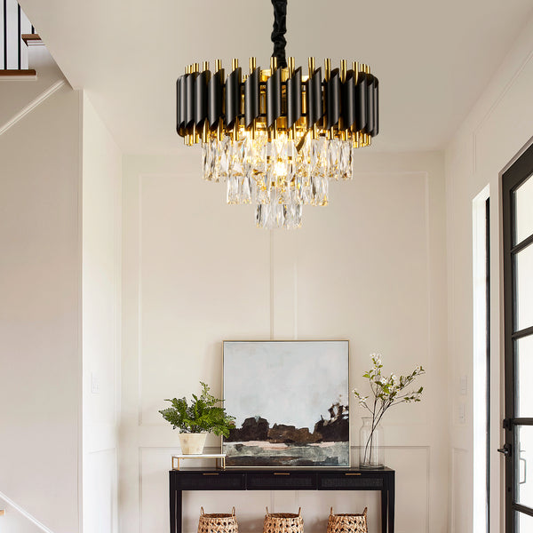 HARPER LIVING Crystal Chandelier, Modern Pendant Ceiling Light 3-Tier Crystals, Black & Gold Finish, Height Adjustable