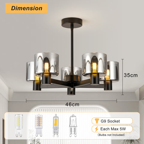 5 Lights Semi Flush Ceiling Lamp with Smoked Glass Shades, Matt Black