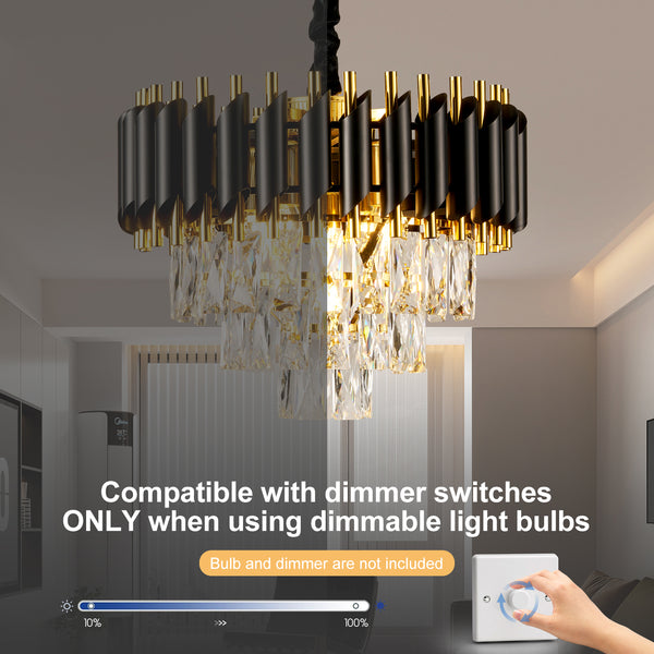 HARPER LIVING Crystal Chandelier, Modern Pendant Ceiling Light 3-Tier Crystals, Black & Gold Finish, Height Adjustable