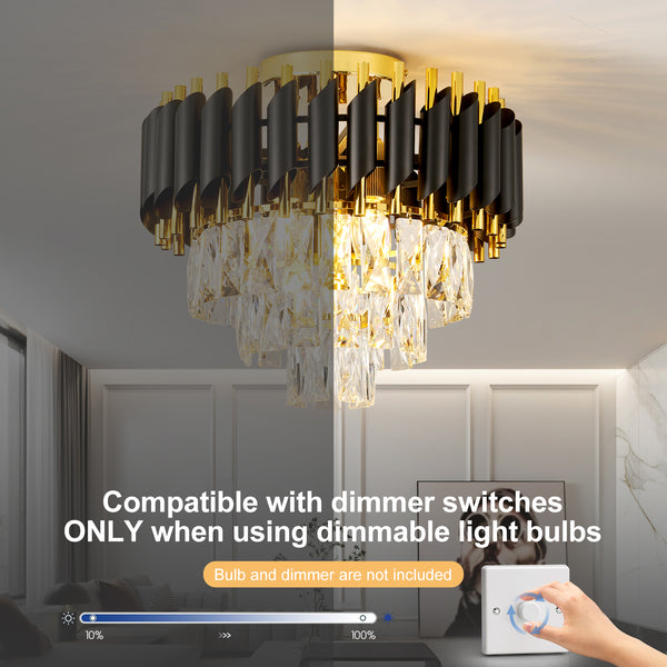 HARPER LIVING Crystal Ceiling Light, Modern Chandelier Lighting with 3 Tiers Crystals, Black & Gold Finish, Semi Flush