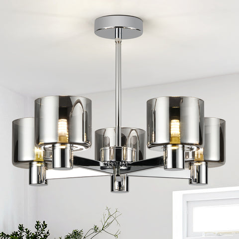 Modern 5 Lights Chandelier Ceiling Light, Chrome Semi Flush Ceiling Lamp with Smoked Glass Shades, 5xG9 Ceiling Lighting