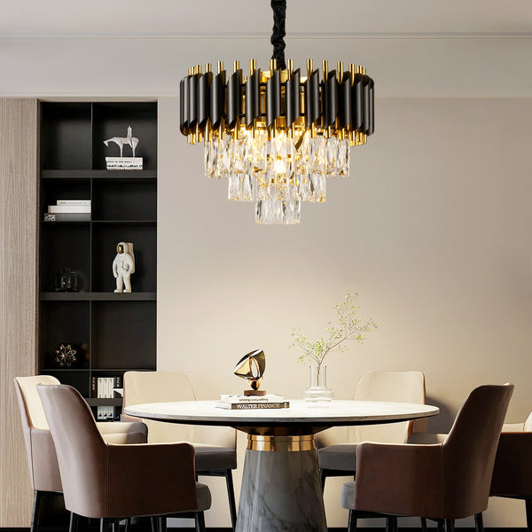 HARPER LIVING Crystal Chandelier, Modern Pendant Ceiling Light 3-Tier Crystals, Black & Gold Finish, Height Adjustable