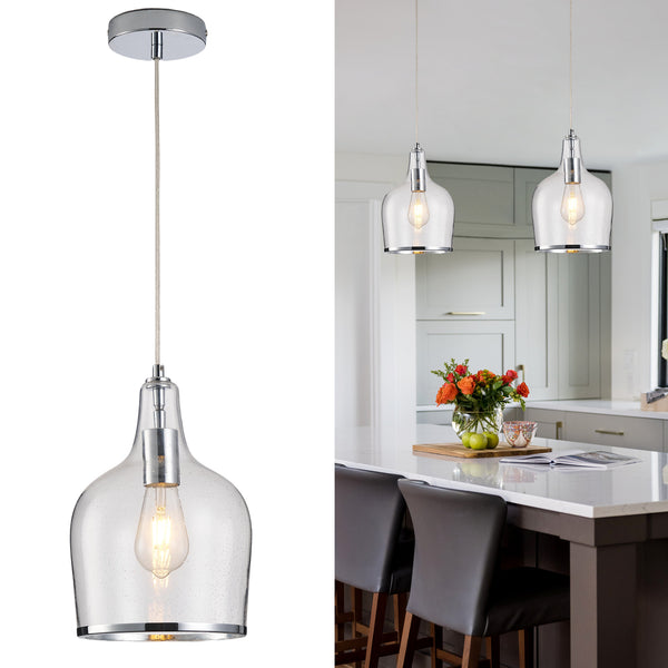 Pendant Ceiling Light, Chrome Glass Pendant Lamp with Bubbles Glass Shade, Adjustable