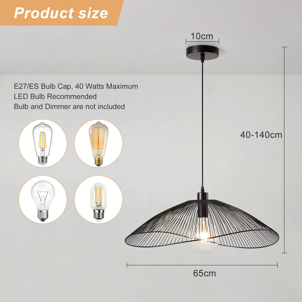 Single Black Pendant Ceiling Light, 65cm Diameter Adjustable Height Decorative Shade Included