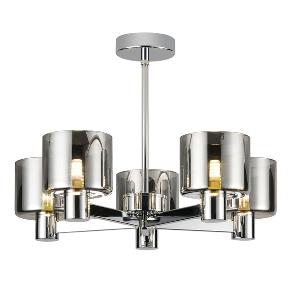 Modern 5 Lights Chandelier Ceiling Light, Chrome Semi Flush Ceiling Lamp with Smoked Glass Shades, 5xG9 Ceiling Lighting