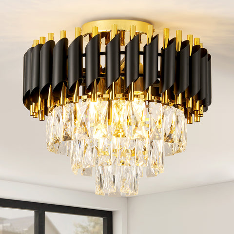 HARPER LIVING Crystal Ceiling Light, Modern Chandelier Lighting with 3 Tiers Crystals, Black & Gold Finish, Semi Flush