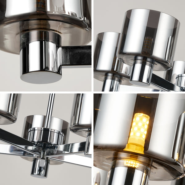 Modern 5 Lights Chandelier Ceiling Light, Chrome Semi Flush Ceiling Lamp with Smoked Glass Shades, 5xG9 Ceiling Lighting