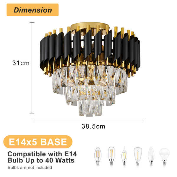 HARPER LIVING Crystal Ceiling Light, Modern Chandelier Lighting with 3 Tiers Crystals, Black & Gold Finish, Semi Flush
