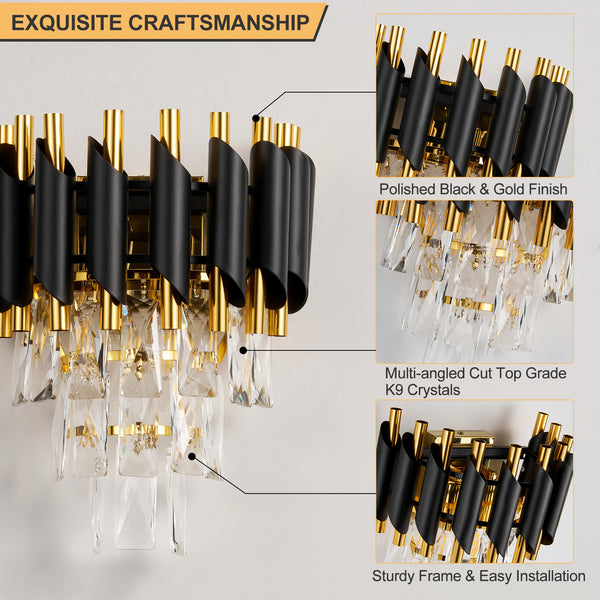 HARPER LIVING Crystal Wall Light, Modern Wall Lamp Indoor with 3 Tiers Crystals, Black & Gold Finish Crystal Wall Sconce