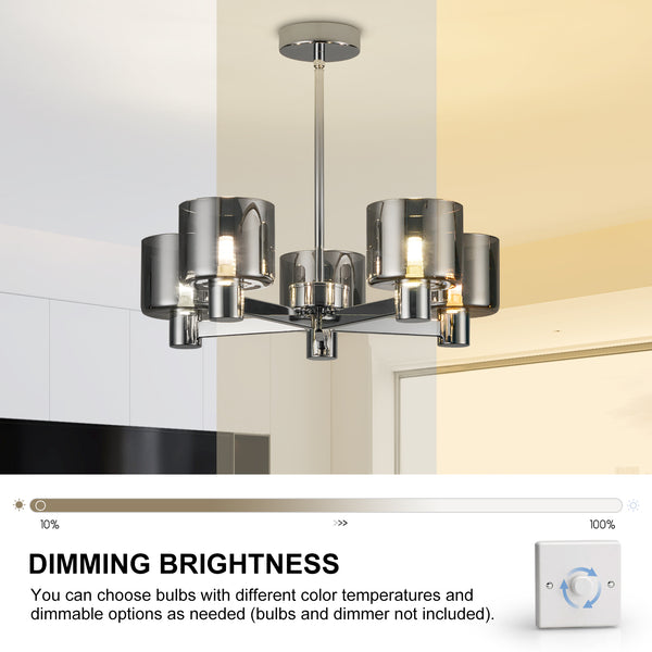 Modern 5 Lights Chandelier Ceiling Light, Chrome Semi Flush Ceiling Lamp with Smoked Glass Shades, 5xG9 Ceiling Lighting