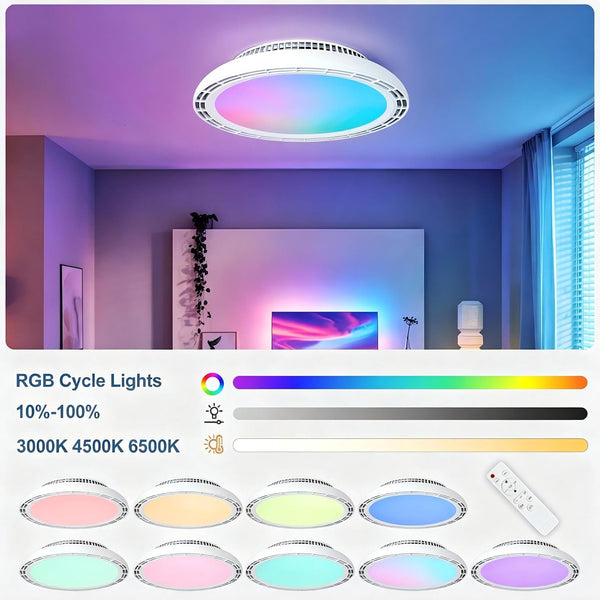 HARPER LIVING Ceiling Fan with Lights, Remote, RGB 3CCT Bladeless Silent Dimmable (3000k-6500k) 3 Fan Speeds
