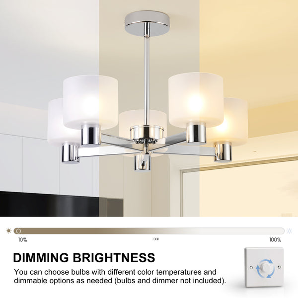 Modern 5 Lights Chandelier Ceiling Light, Chrome Semi Flush Ceiling Lamp with Sanded Glass Shades, 5xG9 Ceiling Lighting