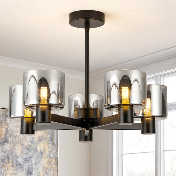 5 Lights Semi Flush Ceiling Lamp with Smoked Glass Shades, Matt Black