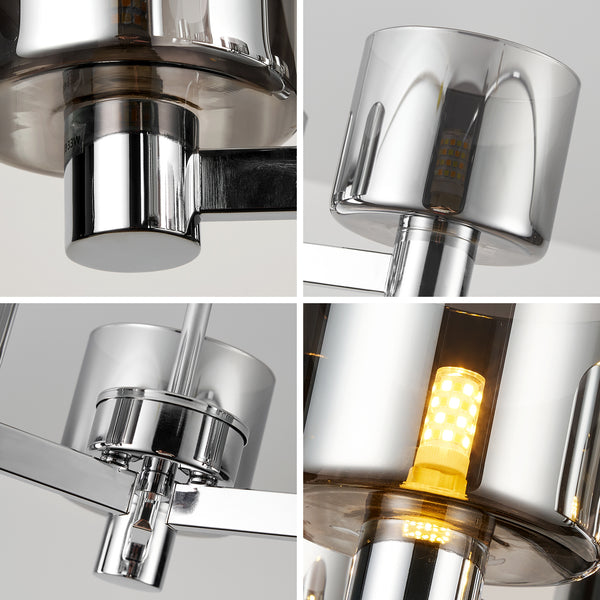 3 Lights Semi Flush Ceiling Lamp with Smoked Glass Shades, Chrome Finish