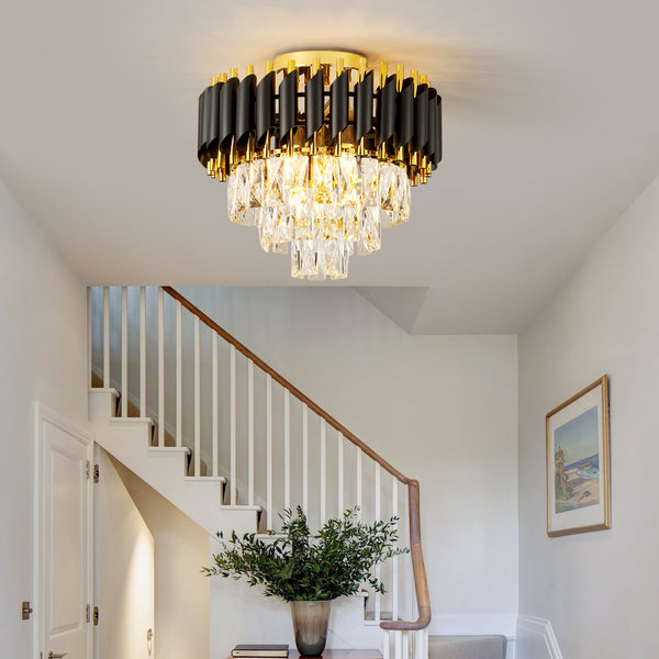 HARPER LIVING Crystal Ceiling Light, Modern Chandelier Lighting with 3 Tiers Crystals, Black & Gold Finish, Semi Flush