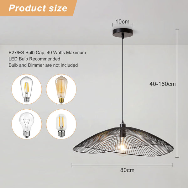 Single Black Pendant Ceiling Light, 80cm Diameter Adjustable Height Decorative Shade Included