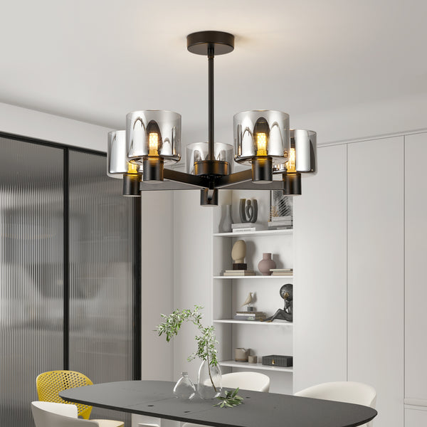 5 Lights Semi Flush Ceiling Lamp with Smoked Glass Shades, Matt Black