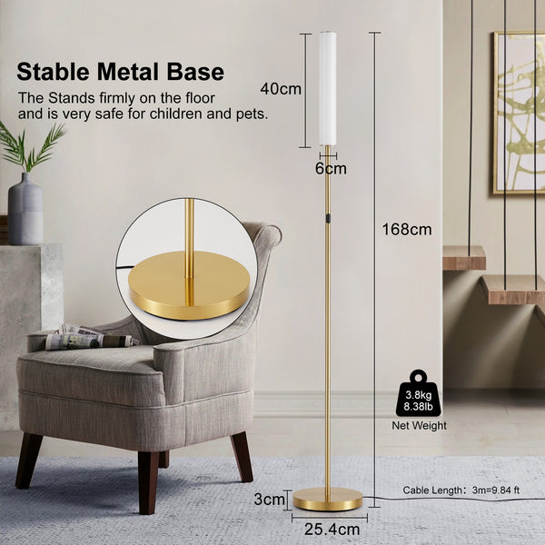 HARPER LIVING Modern LED Floor Lamp with Remote + Touch Control, Gold Standing Reading Lamp with Cylinder White Plastic Shade