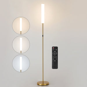 HARPER LIVING Modern LED Floor Lamp with Remote + Touch Control, Gold Standing Reading Lamp with Cylinder White Plastic Shade