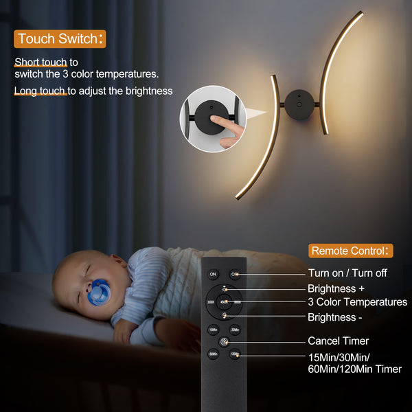 HARPER LIVING Battery Operated Wall Light, USB Rechargeable Wall Lamp with Remote & Touch Control, Modern Swirl Arm Wall Sconces