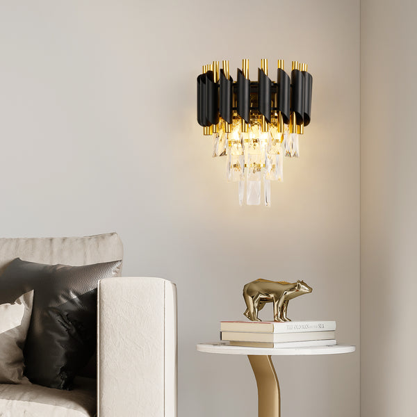 HARPER LIVING Crystal Wall Light, Modern Wall Lamp Indoor with 3 Tiers Crystals, Black & Gold Finish Crystal Wall Sconce