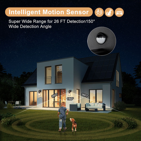 Black Outdoor PIR Sensor Wall Light and Sconce with Cylinder Clear Shade IP65 Weatherproof