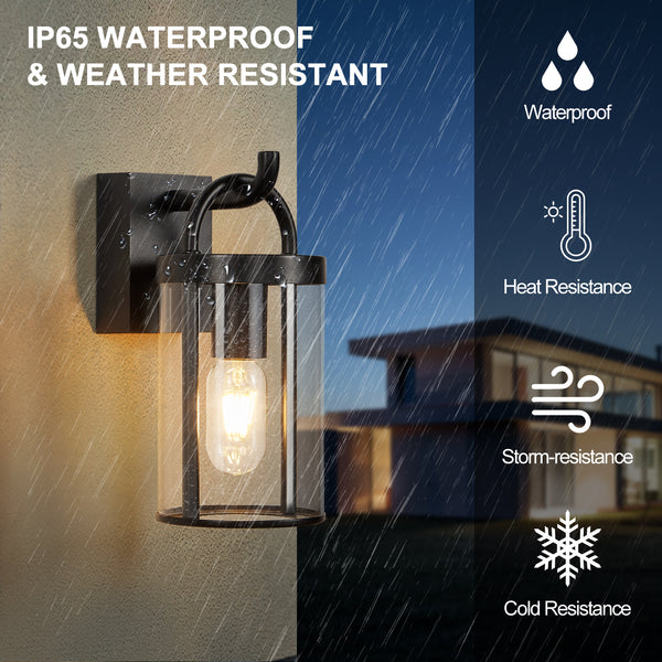 Black Outdoor Wall Light and Sconce with Cylinder Glass Shade IP65 Weatherproof