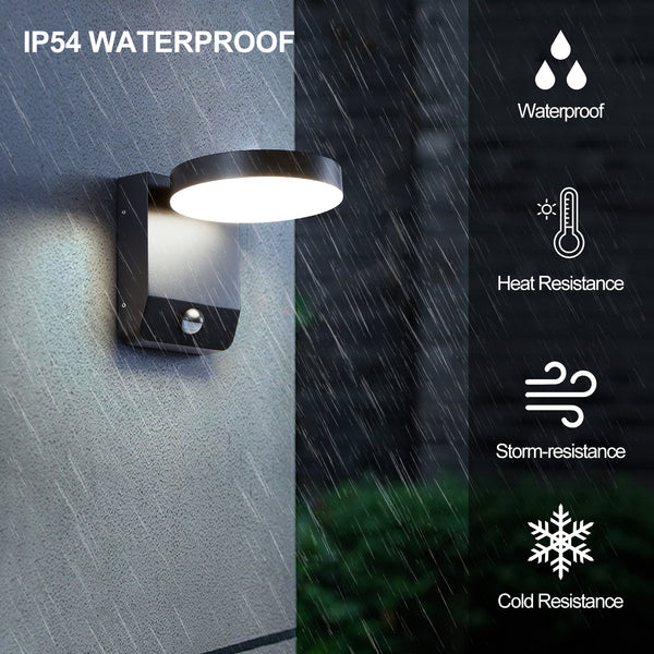 LED Black Outdoor Wall Light with PIR Sensor, Adjustable Round Light IP54, 20 Watts 1400 Lumens 4000K