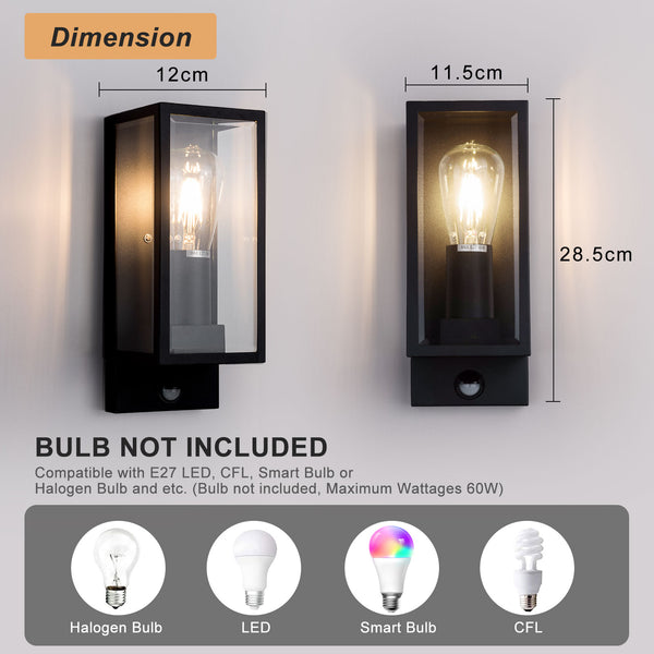 Outdoor Wall Light with Adjustable PIR Sensor, Waterproof IP44, Non-Dimmable