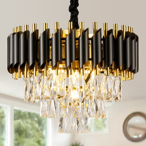 HARPER LIVING Crystal Chandelier, Modern Pendant Ceiling Light 3-Tier Crystals, Black & Gold Finish, Height Adjustable