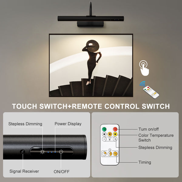 Rechargeable Picture Light with Remote, Dimmable and 3 Colour Temps, Battery Operated Wall Light