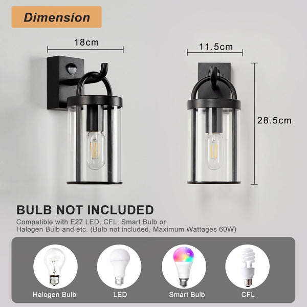 Black Outdoor PIR Sensor Wall Light and Sconce with Cylinder Clear Shade IP65 Weatherproof