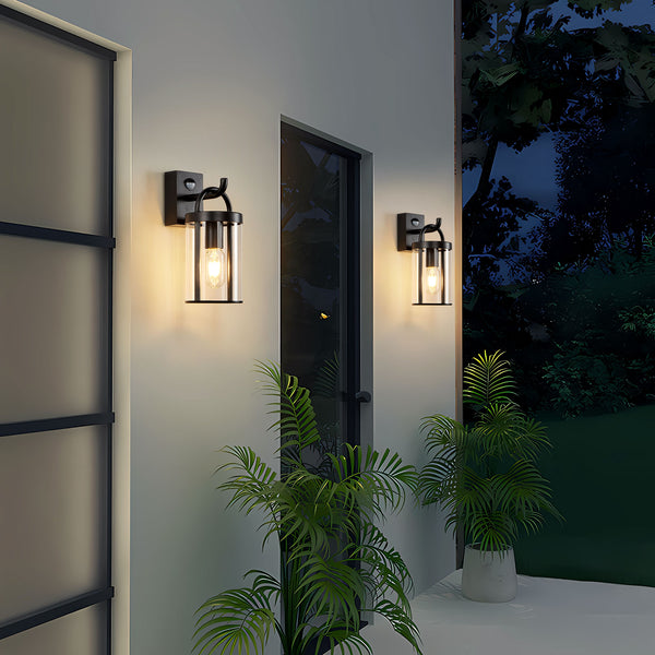 Black Outdoor PIR Sensor Wall Light and Sconce with Cylinder Clear Shade IP65 Weatherproof