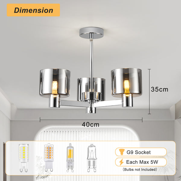 3 Lights Semi Flush Ceiling Lamp with Smoked Glass Shades, Chrome Finish