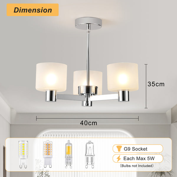 3 Lights Semi Flush Ceiling Lamp with Frosted Glass Shades, Chrome Finish