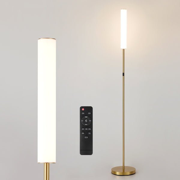 HARPER LIVING Modern LED Floor Lamp with Remote + Touch Control, Gold Standing Reading Lamp with Cylinder White Plastic Shade