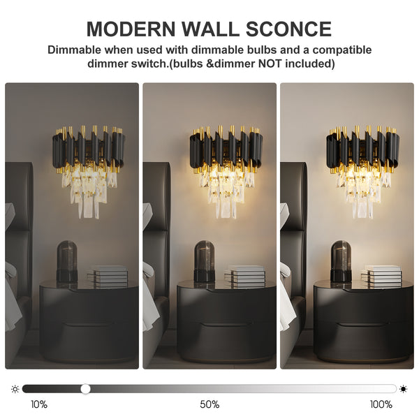 HARPER LIVING Crystal Wall Light, Modern Wall Lamp Indoor with 3 Tiers Crystals, Black & Gold Finish Crystal Wall Sconce