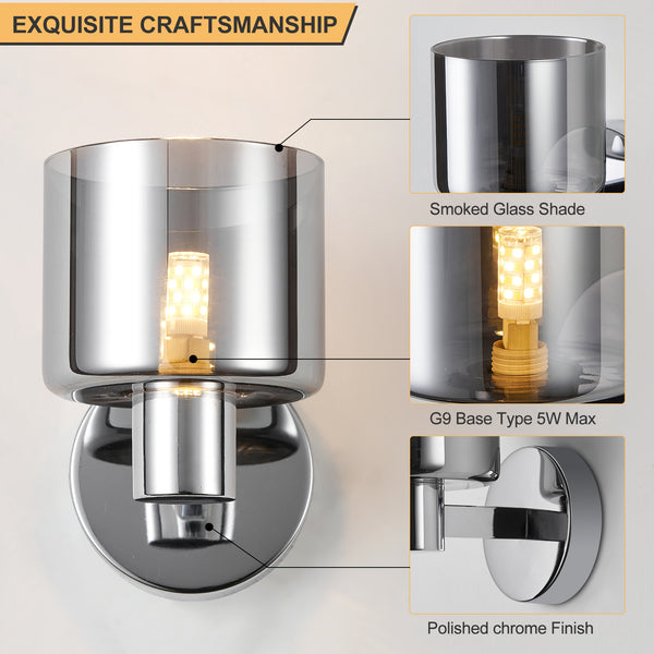 HARPER LIVING Modern Wall Light, Indoor Wall Lamp with Chrome Finish & Smoked Glass Shade, Wall Sconce Lights