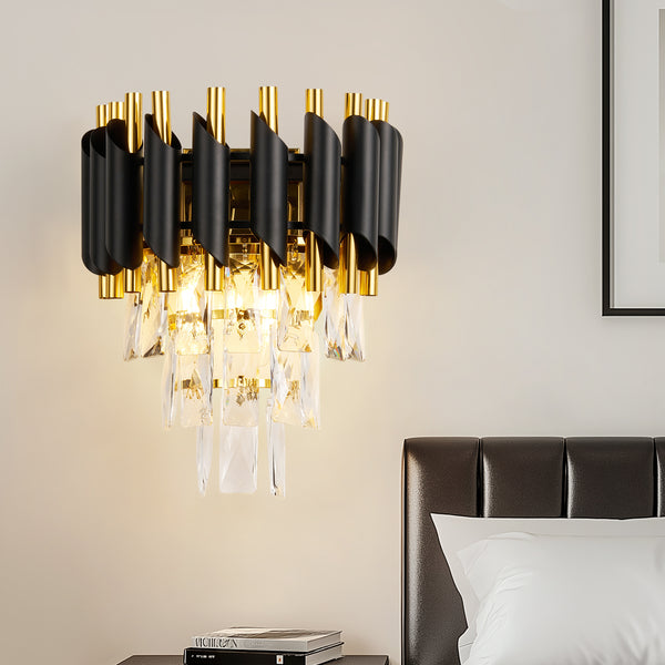 HARPER LIVING Crystal Wall Light, Modern Wall Lamp Indoor with 3 Tiers Crystals, Black & Gold Finish Crystal Wall Sconce