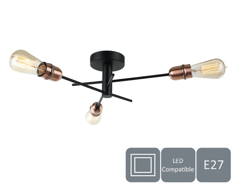 HARPER LIVING 3 Lights Ceiling Light, Black with Copper Finish, E27/ES Cap Type