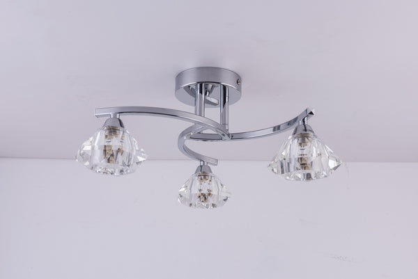 Spiral Semi-Flush Ceiling Light, 3 Lights Clear Glass Shades, Polished Chrome Finish