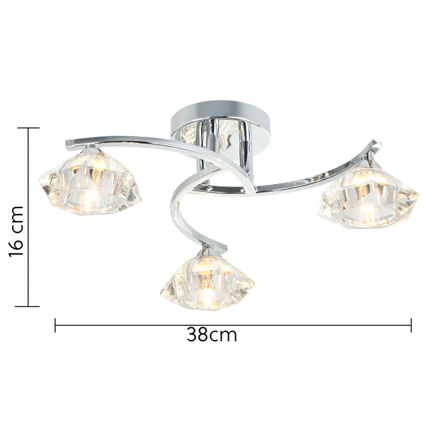 Spiral Semi-Flush Ceiling Light, 3 Lights Clear Glass Shades, Polished Chrome Finish