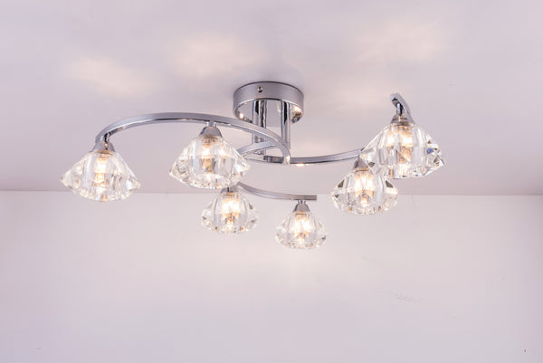 6 Light Spiral Semi-Flush Ceiling Light, Clear Glass Shades, Polished Chrome Finish