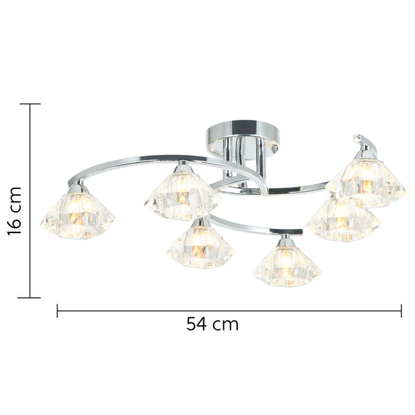 6 Light Spiral Semi-Flush Ceiling Light, Clear Glass Shades, Polished Chrome Finish